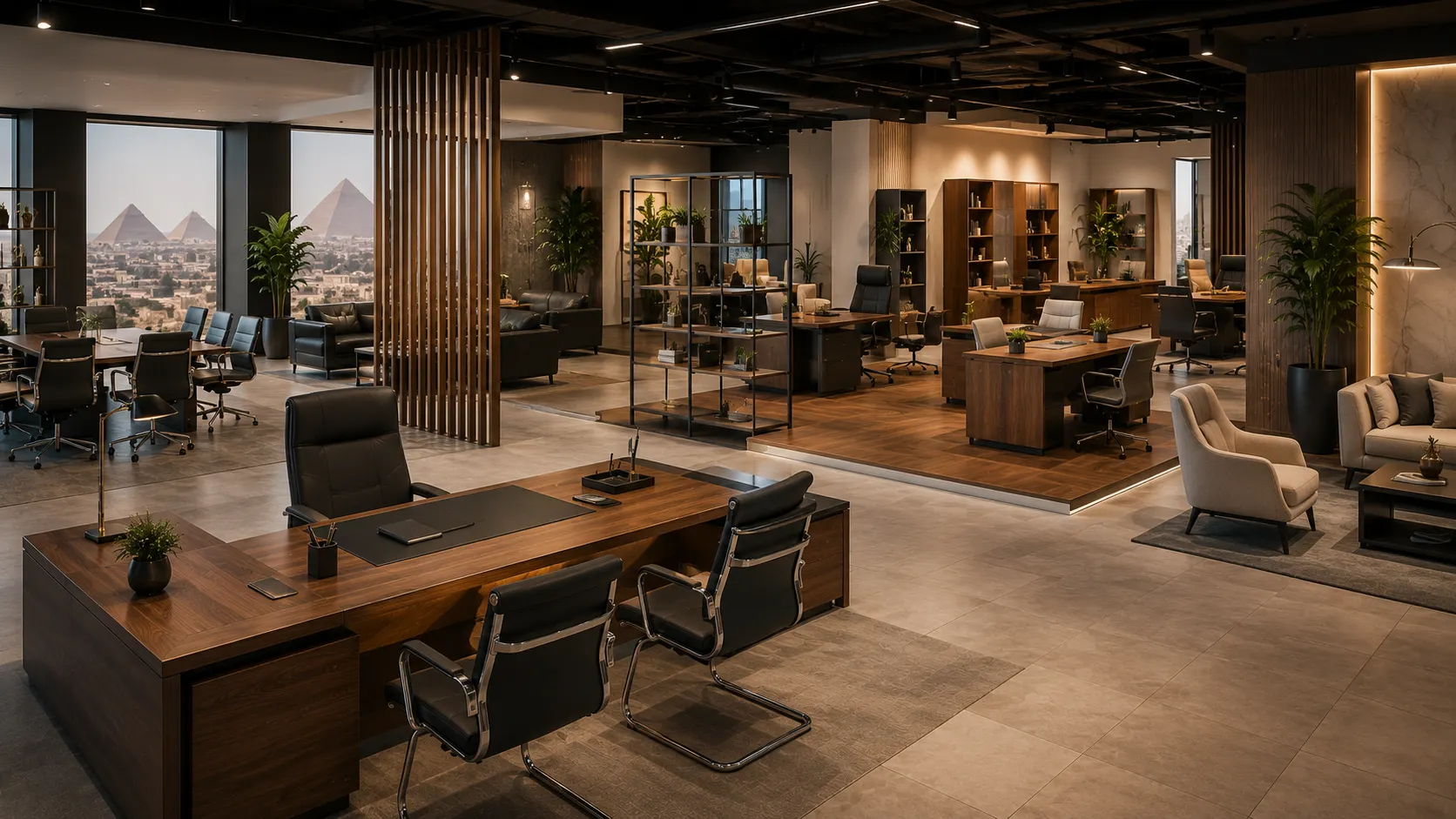 A well-stocked Cairo office furniture showroom displaying rows of executive desks and ergonomic chairs on a large showroom floor