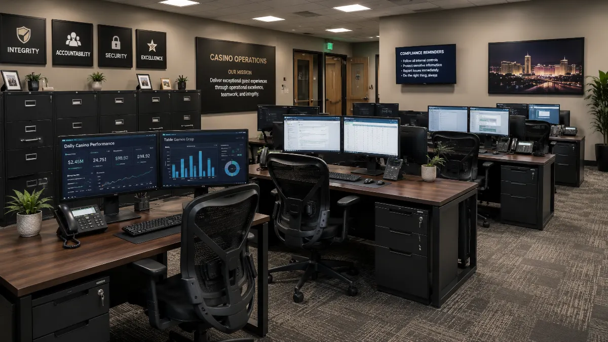 A well-furnished casino operations back office with rows of dual-monitor workstations, ergonomic mesh chairs, and lockable filing cabinets along the wall