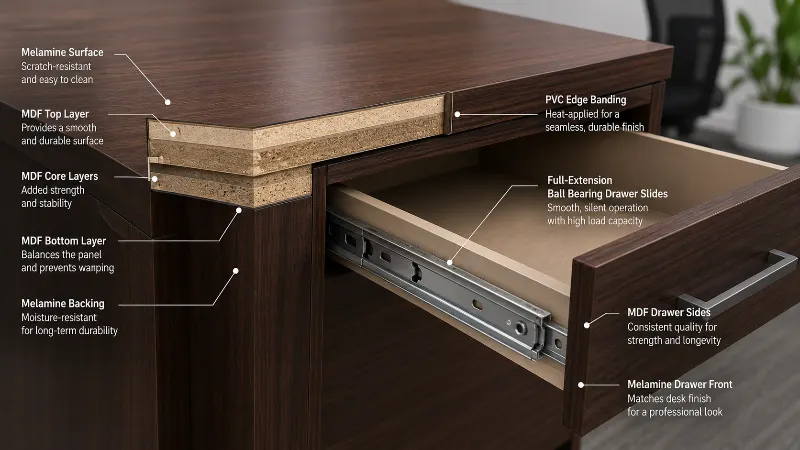 Cross-section view of a quality office desk showing MDF board layers, PVC edge banding, and metal drawer runner hardware