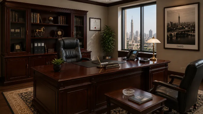 Classic professional office with a large dark mahogany executive desk, leather high-back chair, and matching wood storage cabinet