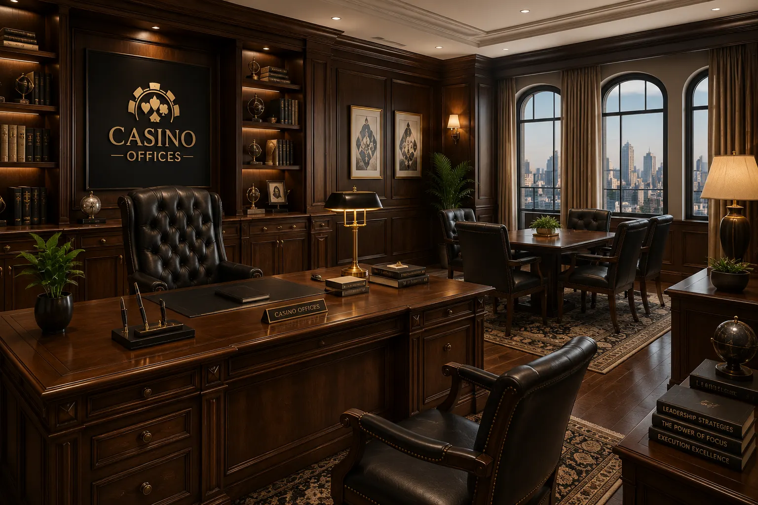 Classic dark wood executive desk with high-back leather chair in a manager office