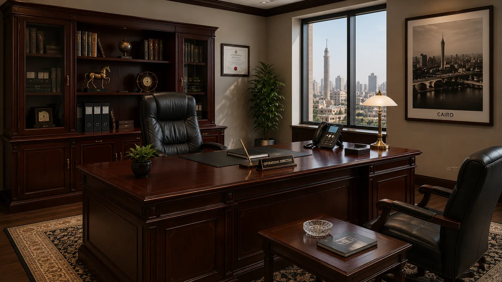 Modern manager desk and ergonomic mesh chair in a Cairo office setting