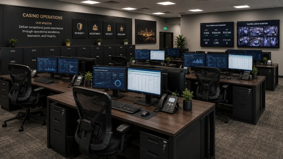 Casino operations back office with dual-monitor workstations, ergonomic mesh chairs, and lockable storage cabinets