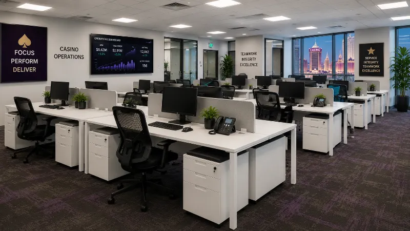 Modern open-plan casino office with white modular bench desks, mesh chairs, and mobile storage pedestals