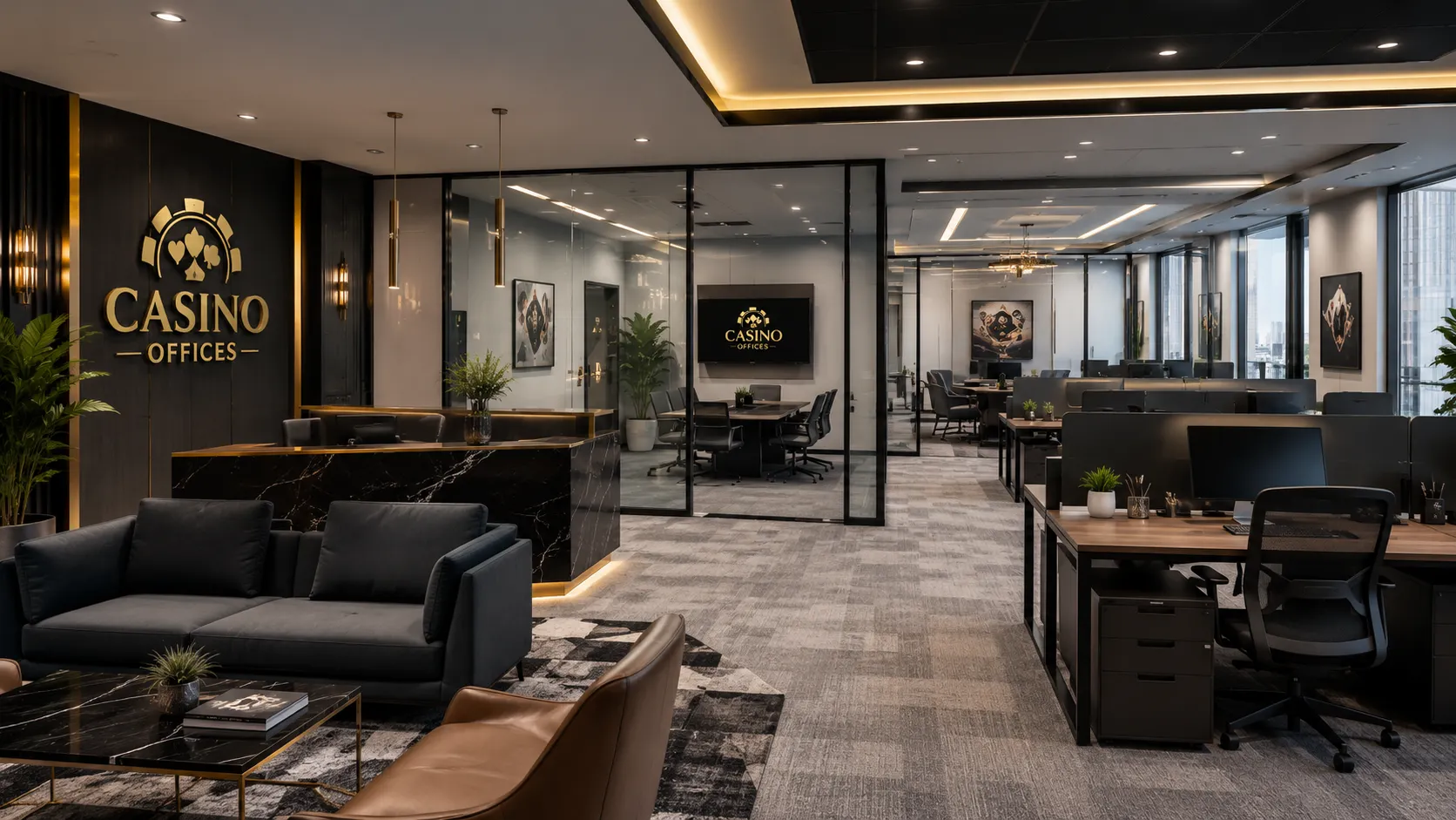 Modern modular workstations and mesh ergonomic chairs in a casino operations room