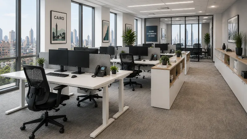 Modern office with height-adjustable white desks, mesh ergonomic chairs, and open storage credenzas along a bright workspace