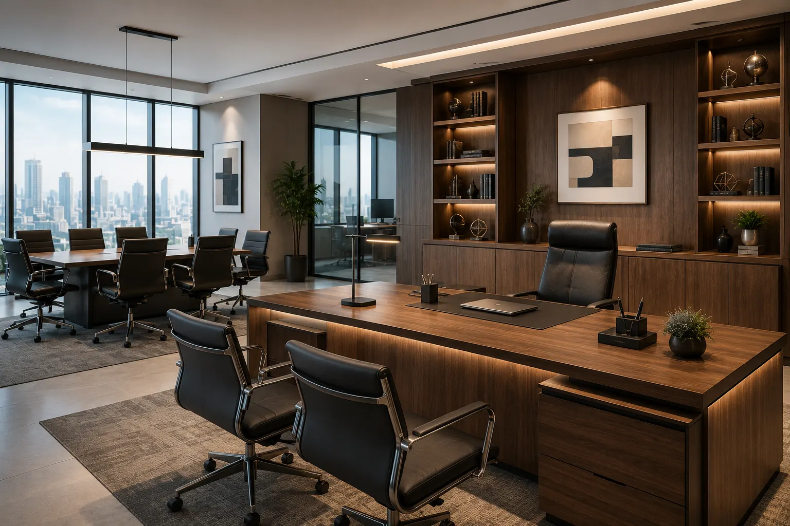 Open plan office with modern bench workstations and mobile pedestals