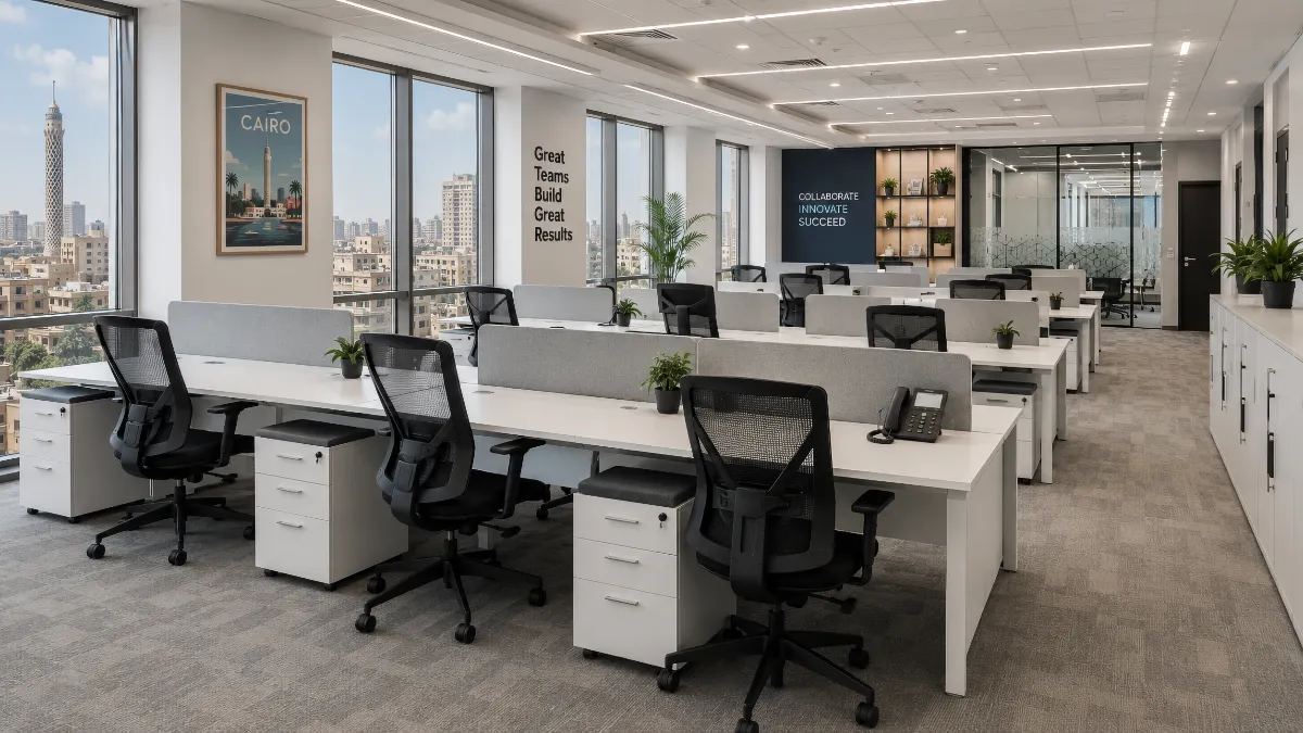 A bright modern open-plan office in Cairo with rows of white modular workstations, mesh ergonomic chairs, and mobile pedestal storage units