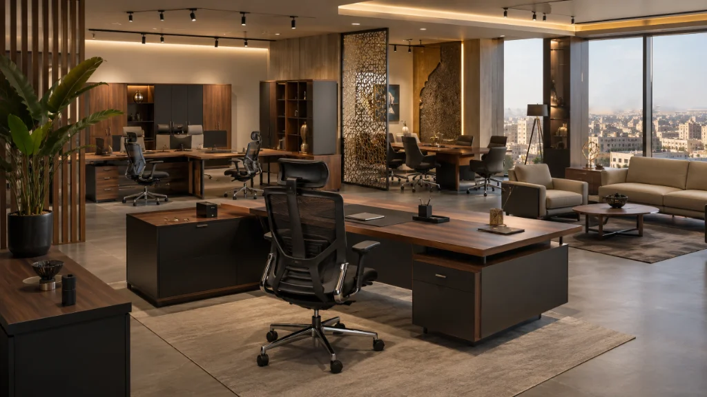 Cairo office furniture showroom displaying modular desks, ergonomic chairs, and wooden storage cabinets across a large floor