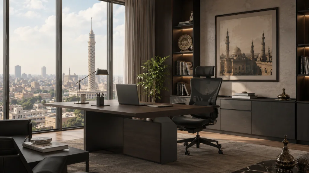 Cairo office furniture showroom with rows of desks, ergonomic chairs, and storage cabinets on display