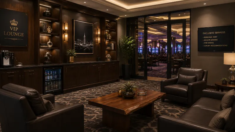 Casino VIP lounge featuring dark wood veneer cabinets, leather armchairs, and a solid timber occasional table