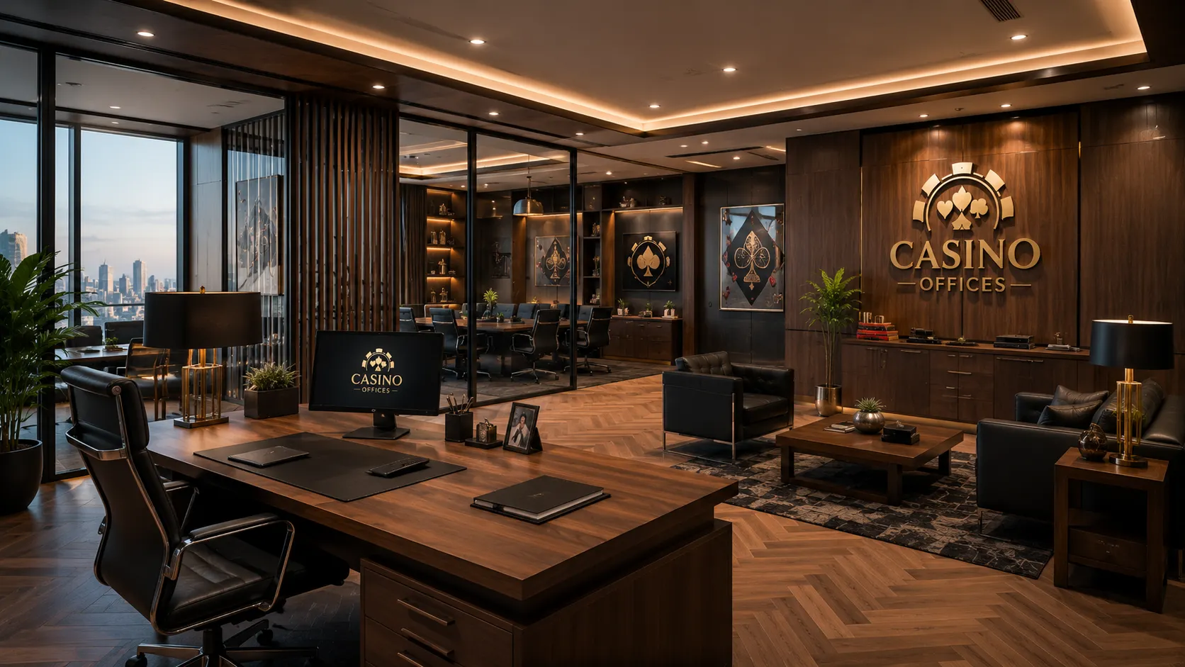 Dark wood cabinet and leather armchair in a casino VIP lounge interior